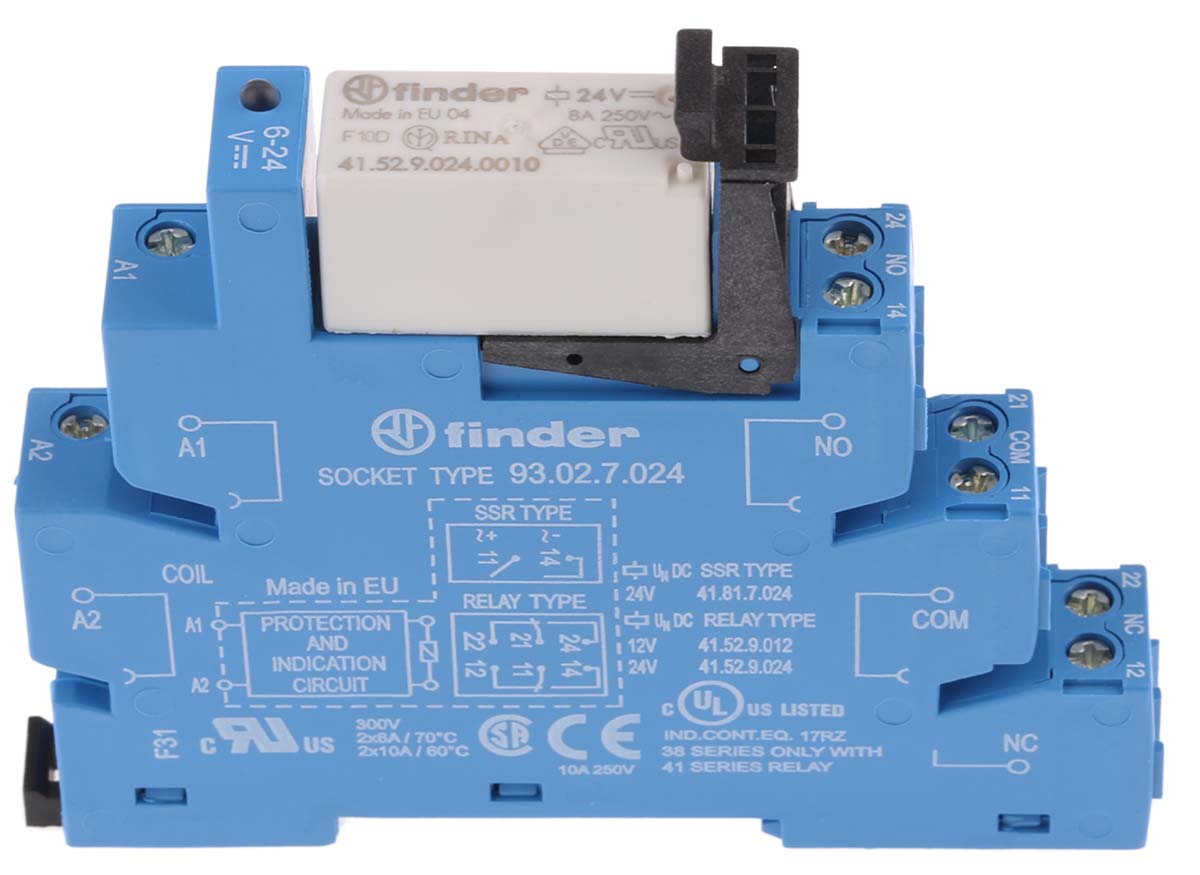 Finder 38 Series Interface Relay, DIN Rail Mount, 24V dc Coil, DPDT, 2-Pole