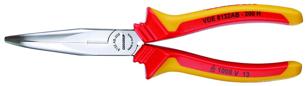 Gedore VDE Long Nose Pliers, 160 mm Overall, Straight Tip, VDE/1000V, 46mm Jaw