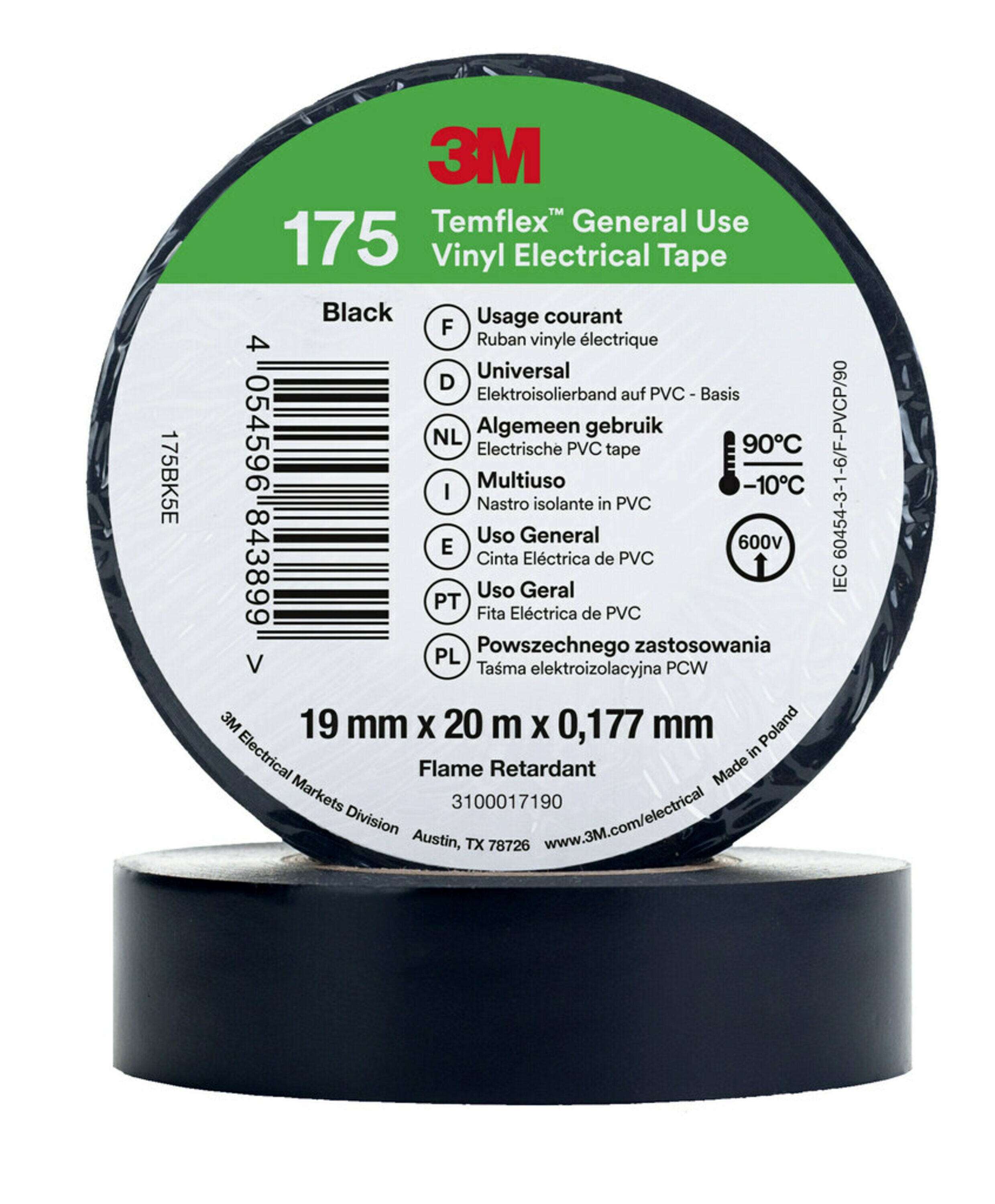 3M Temflex Black Vinyl Electrical Tape, 19mm x 20m