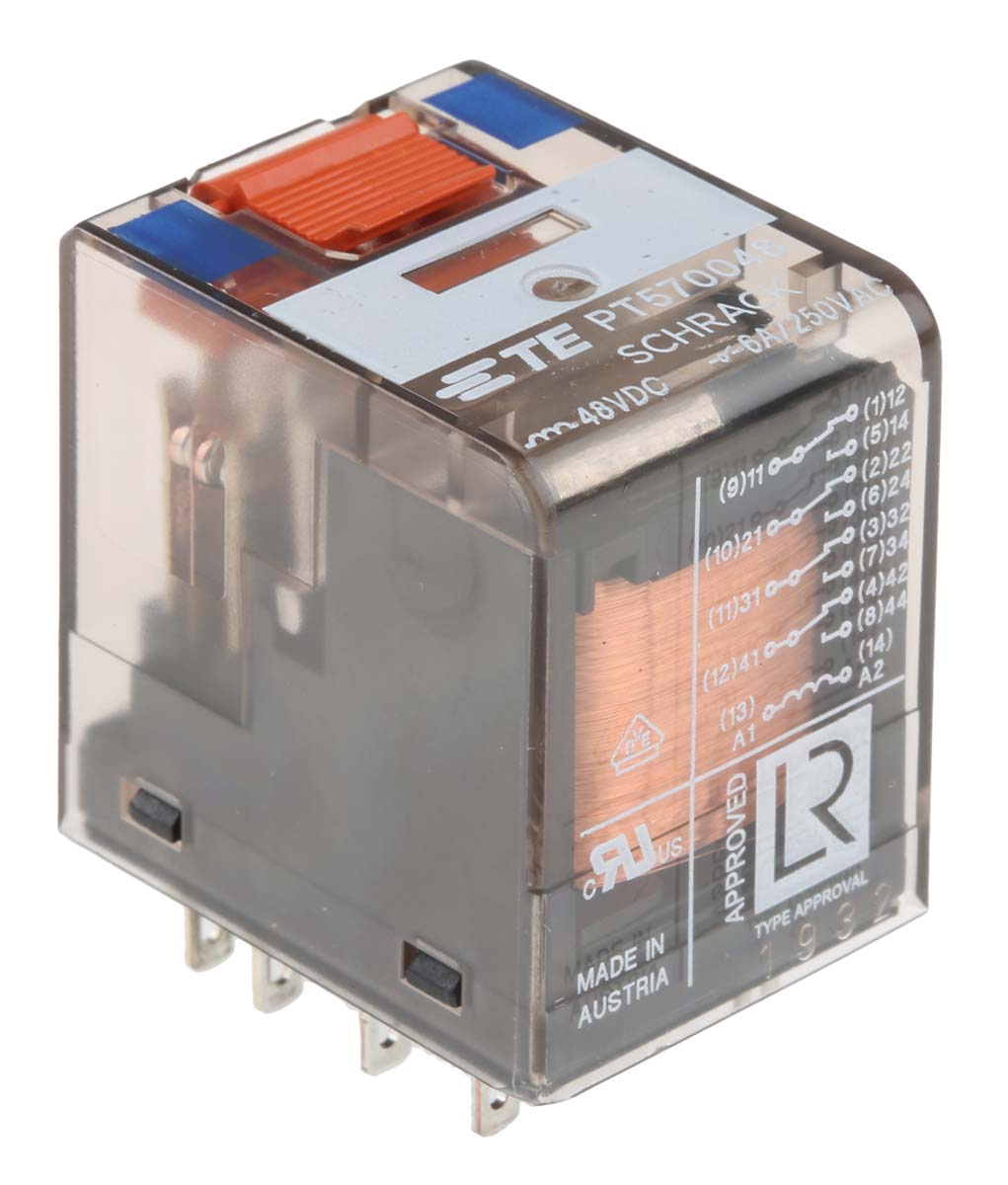 TE Connectivity Plug In Power Relay, 48V dc Coil, 6A Switching Current, 4PDT