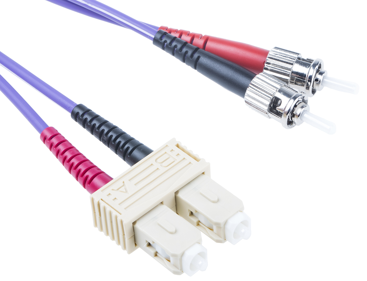 RS PRO SC to ST Duplex Multi Mode OM3 Fibre Optic Cable, 50/125μm, Purple, 2m