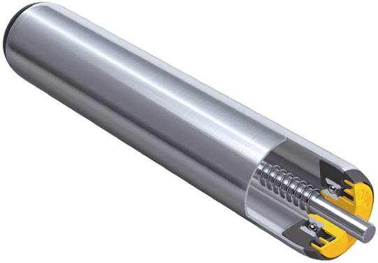Interroll Round Conveyor Roller Spring Loaded 40mm Dia. x 600mm L, 3000N Load Capacity, 10mm Spindle, 630mm Overall