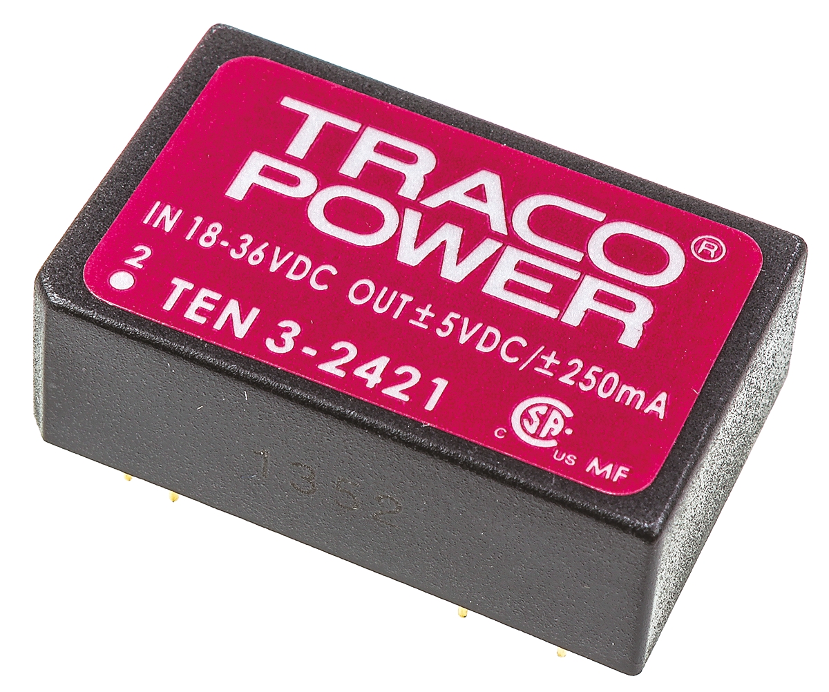 TRACOPOWER TEN 3 DC-DC Converter, ±5V dc/ ±250mA Output, 18 → 36 V dc Input, 3W, Through Hole, +85°C Max Temp