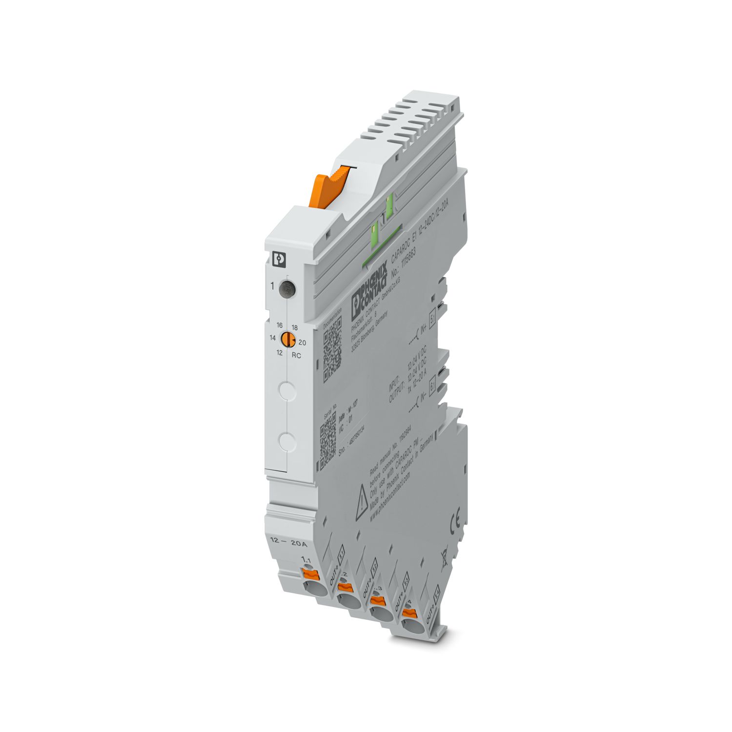 Phoenix Contact CAPAROC Electronic Circuit Breaker 20A 12 V, 24 V CAPAROC E1, 1 channels , Plug-On Type E