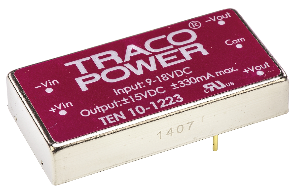 TRACOPOWER TEN 10 DC-DC Converter, ±15V dc/ ±330mA Output, 9 → 18 V dc Input, 10W, Through Hole, +85°C Max Temp
