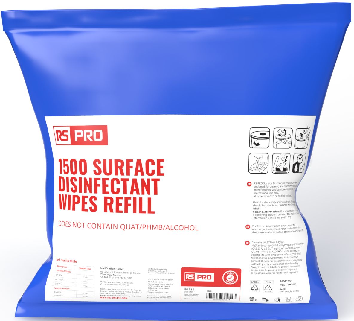 RS PRO P1312 Wet Disinfectant Wipes, Refill of 1500