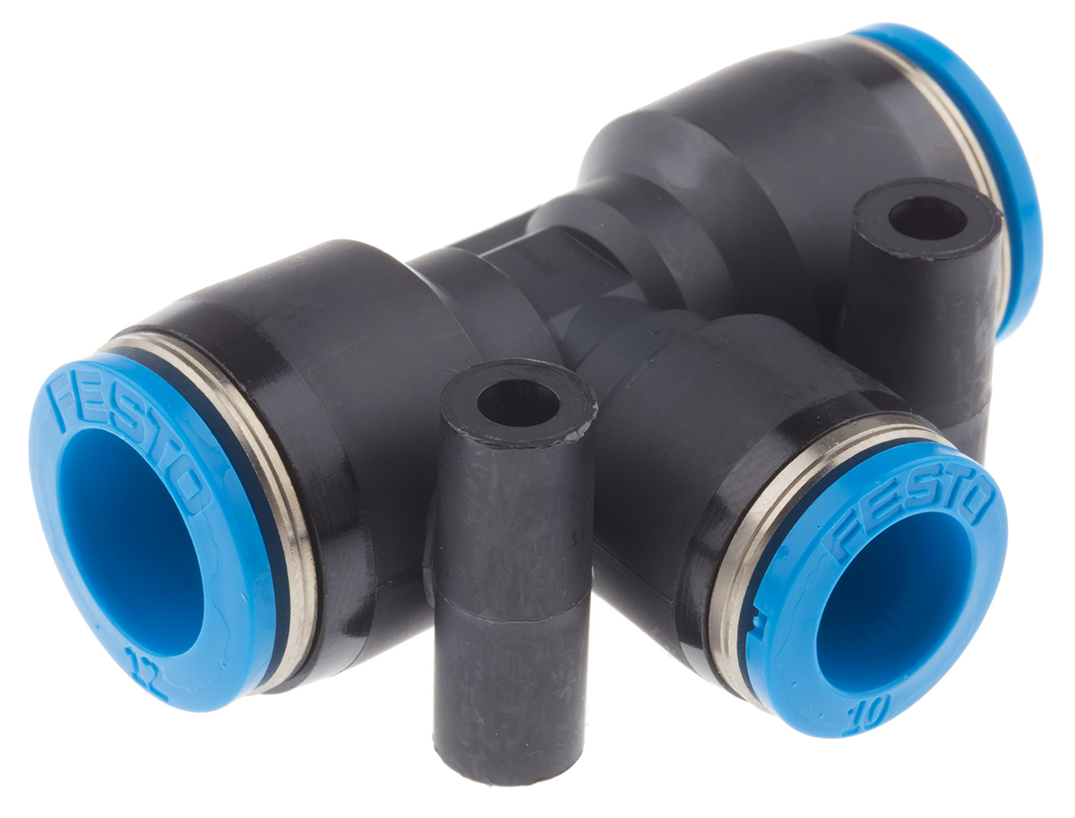 Festo QST Series Tee Tube-to-Tube Adaptor Push In 10 mm, Push In 12 mm to Push In 12 mm, Tube-to-Tube Connection Style,