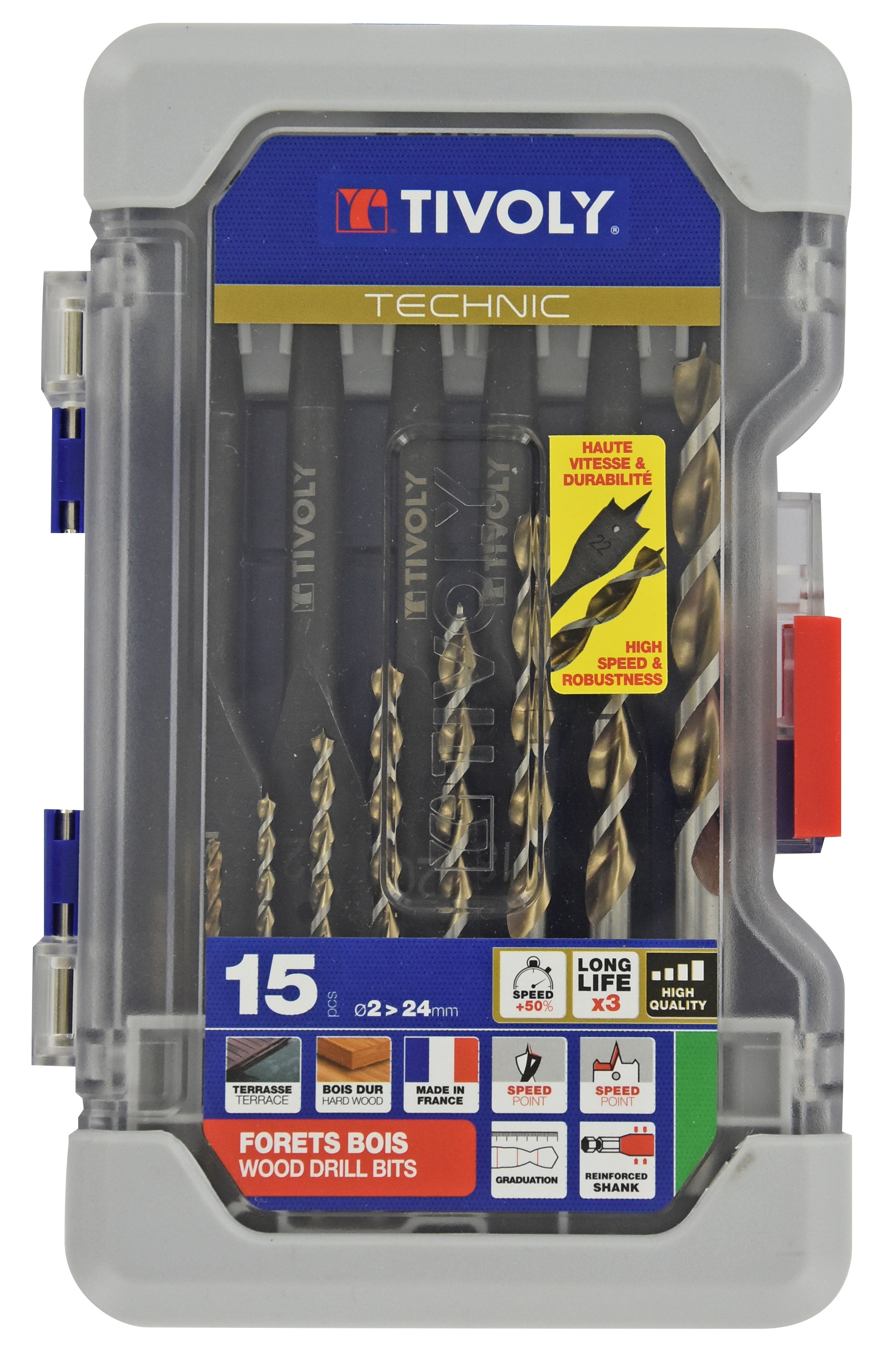 Tivoly 15-Piece Wood Drill Bit Set for Wood, 24mm Max, 2mm Min, HSS Bits