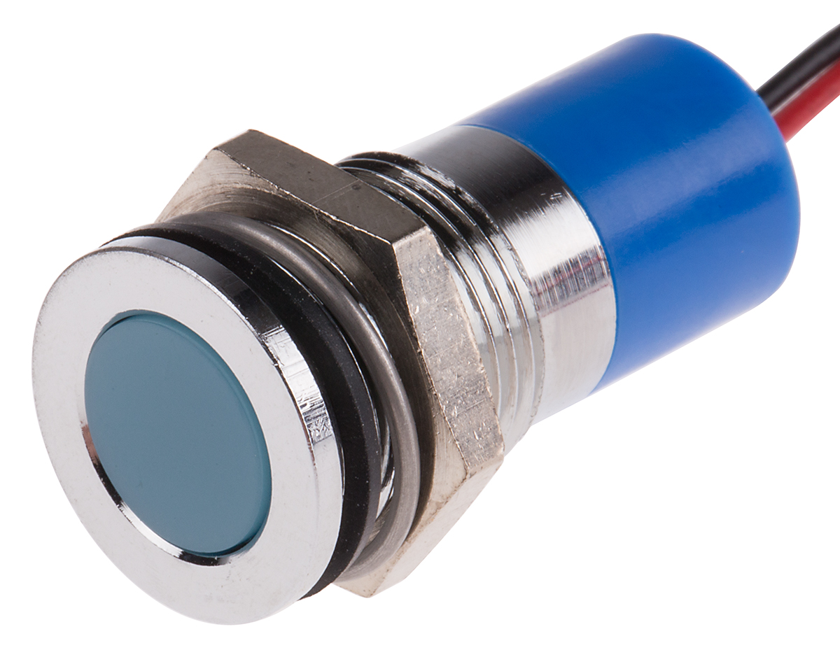 RS PRO Blue Panel Mount Indicator, 12V dc, 14mm Mounting Hole Size, Lead Wires Termination, IP67
