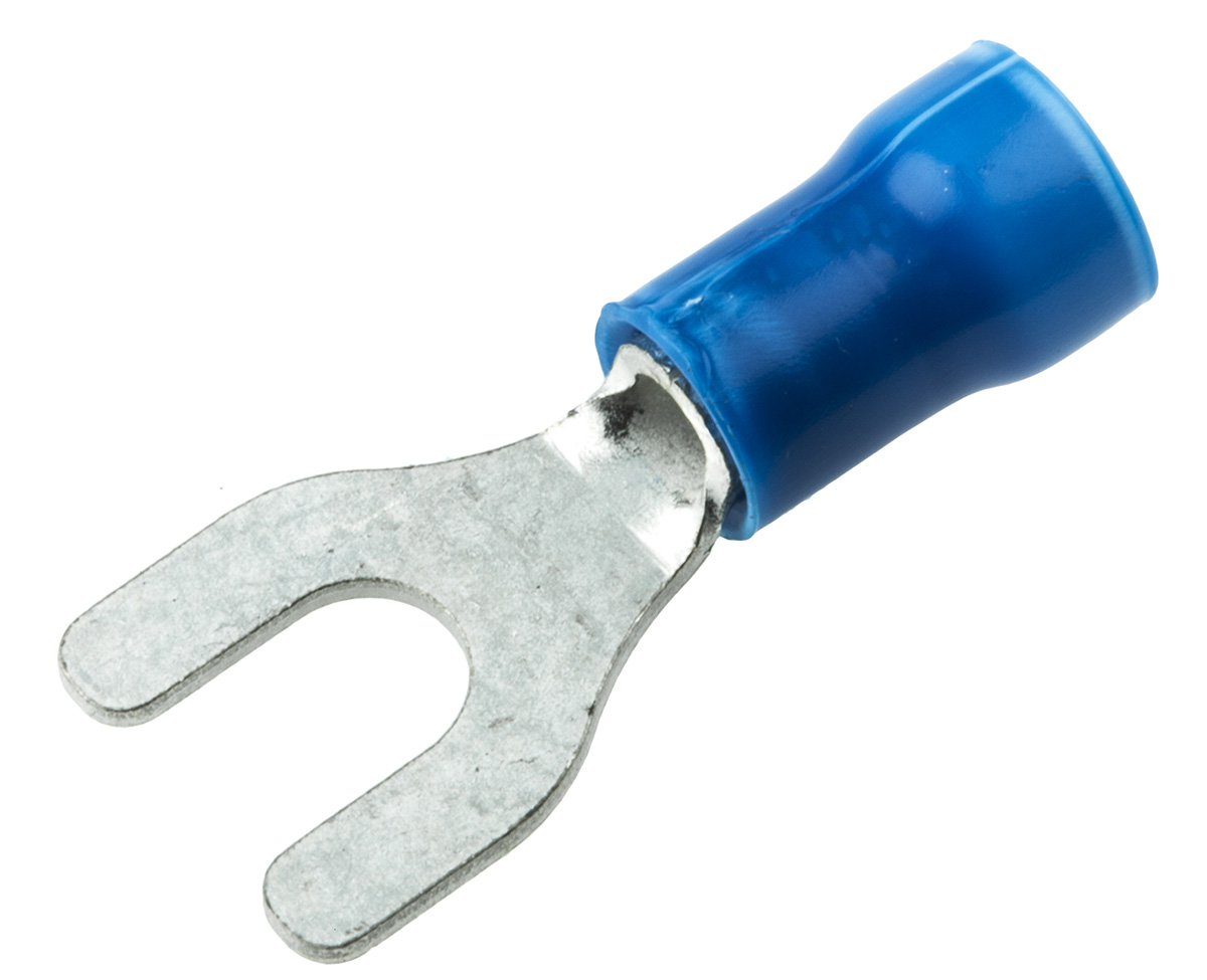 TE Connectivity PLASTI-GRIP Insulated Crimp Spade Connector, 1mm² to 2.6mm², 16AWG to 14AWG, M4 Stud Size Vinyl, Blue