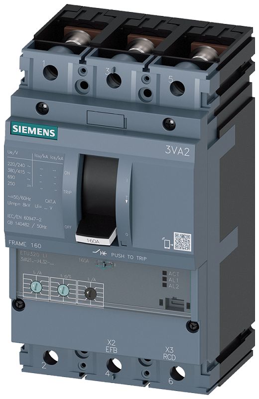 Siemens, SENTRON MCCB 3P 160A, Breaking Capacity 55 kA, Fixed Mount