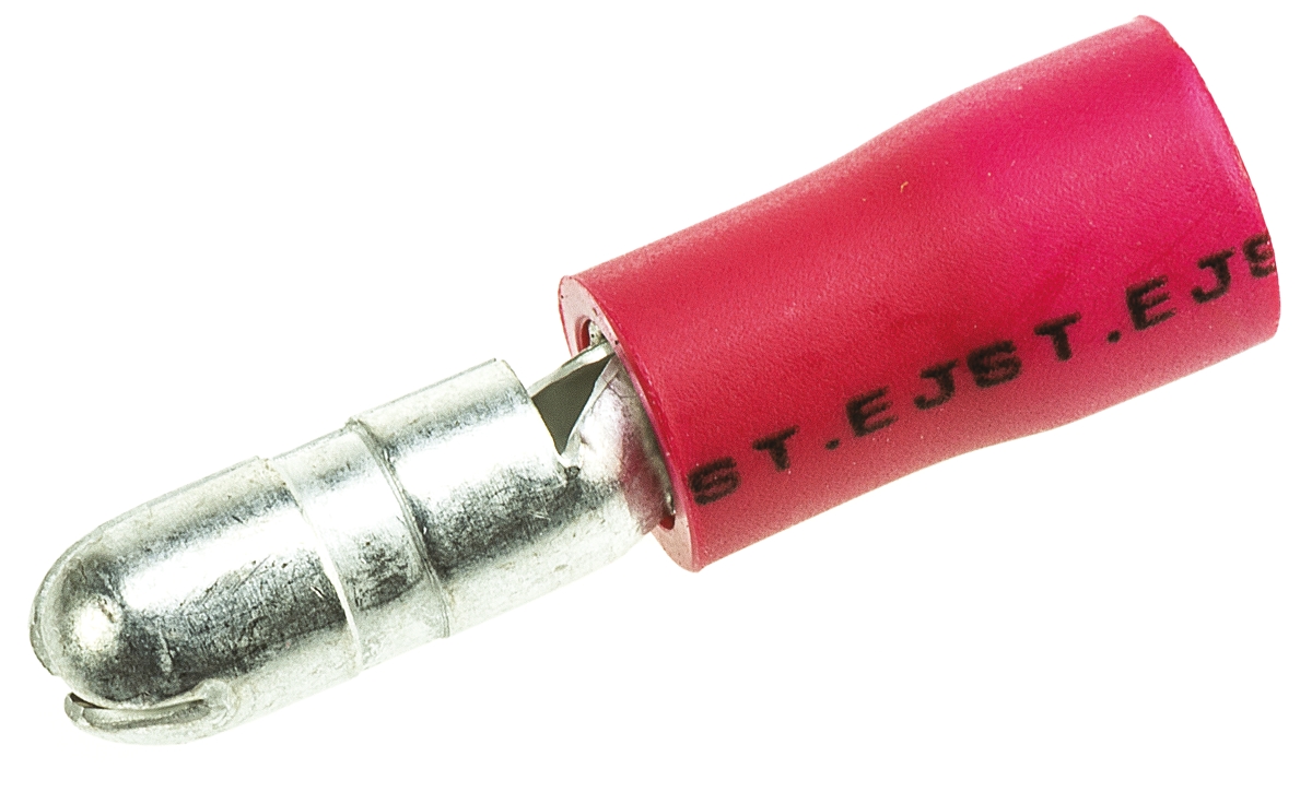 JST, FVDAGM Insulated, Red Crimp Bullet Connector, 0.25mm² to 1.65mm², 22AWG to 16AWG, 4mm Bullet diameter Male