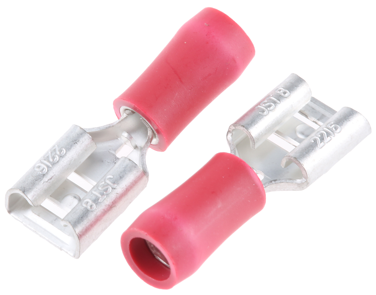 JST FVDDF Red Insulated Female Spade Connector, Receptacle, 6.35 x 0.8mm Tab Size, 0.25mm² to 1.65mm²