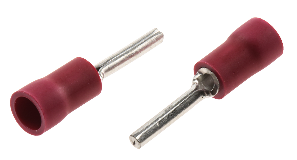 JST, FVPC Insulated Crimp Pin Connector, 0.25mm² to 1.65mm², 22AWG to 16AWG, 1.9mm Pin Diameter, 12mm Pin Length, Red