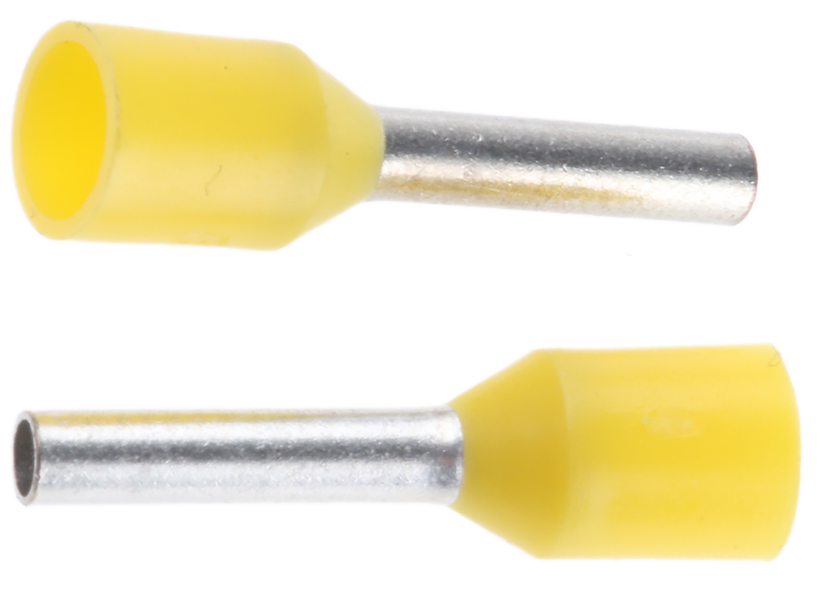 JST, GTR Insulated Crimp Bootlace Ferrule, 8mm Pin Length, 1.4mm Pin Diameter, 1mm² Wire Size, Yellow