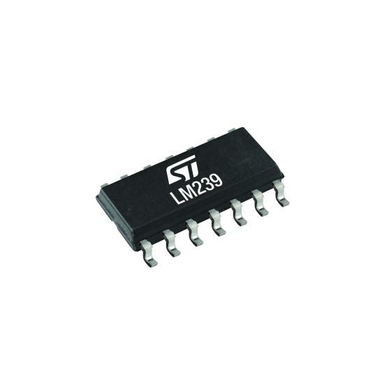 LM239D STMicroelectronics, Quad Comparator, CMOS/TTL O/P, O/P, 300ns 2 → 36 V 14-Pin SO14