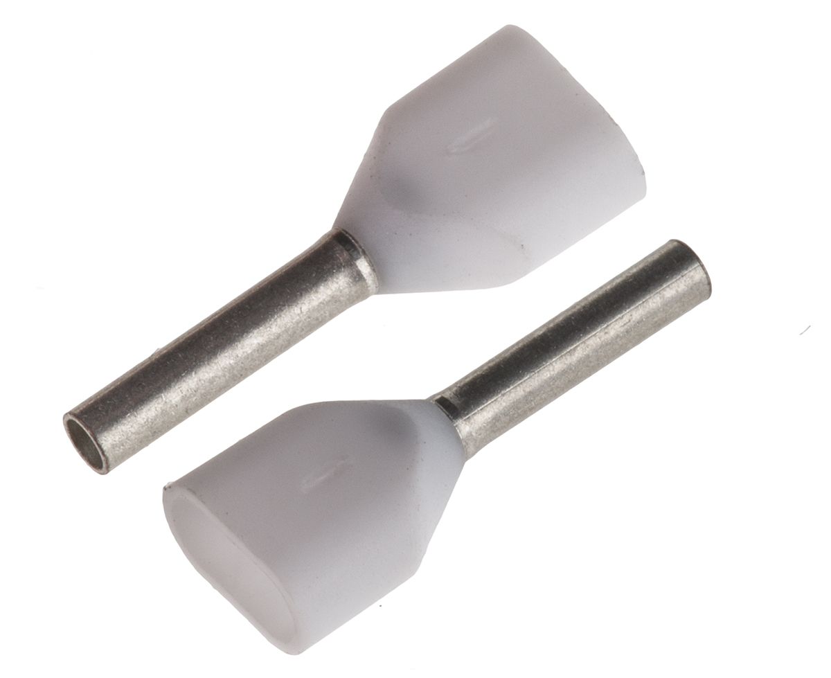 JST, TWE Insulated Crimp Bootlace Ferrule, 8mm Pin Length, 1.5mm Pin Diameter, 2 x 0.5mm² Wire Size, White