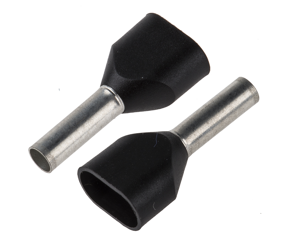 JST, TWE Insulated Crimp Bootlace Ferrule, 8mm Pin Length, 2.3mm Pin Diameter, 2 x 1.5mm² Wire Size, Black